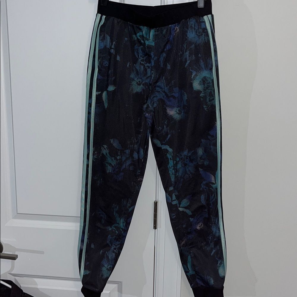 Blue Floral Black Tapered Cuffed Soccer Goalie warm up jog track pants youth XL